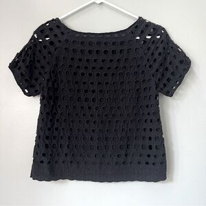 Black Eyelet Cotton Blouse Cropped Size Small Neutral Capsule Wardrobe Lined